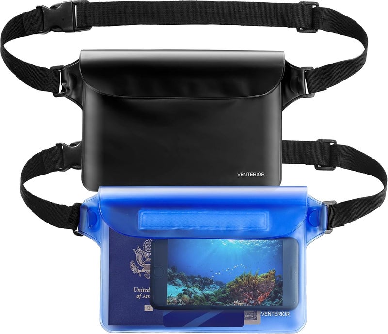Venterior Waterproof Waist Pouch 2-Pack | Beach Accessories Fanny Pack for Swimming Snorkeling Sailing Kayaking Beach Pool Water Parks | Keep Your Phone Wallet Safe and Dry (White & Black) - Image 1
